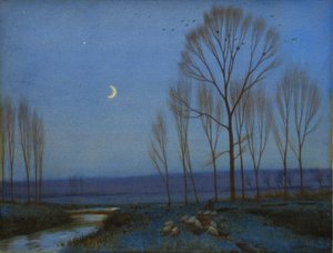 Shepherd and Sheep at Moonlight